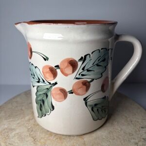 Hand Painted Clay‎ Pitcher Cream Glazed Pottery Cherries Floral  Hungary